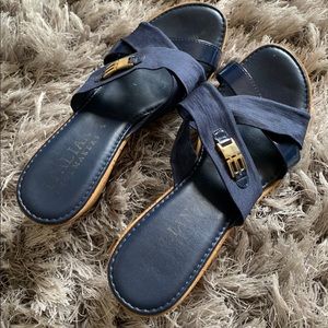 Navy blue sandals with cork wedge